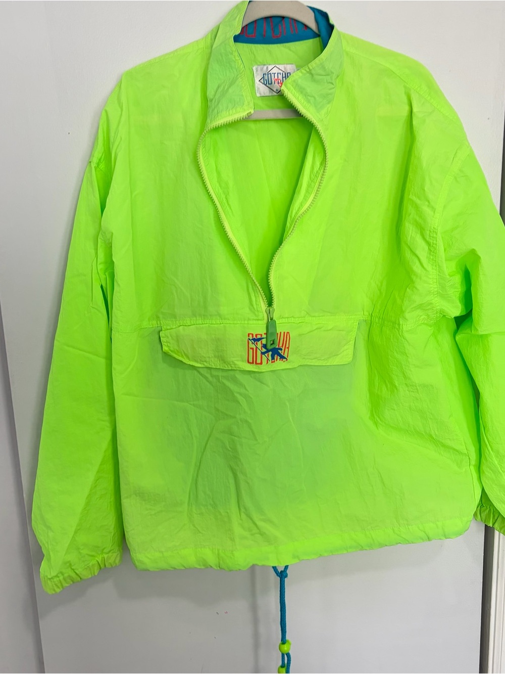 Vtg neon-green Gotcha 1/4 zip pullover windbreaker jacket 80S 90S Retro Small